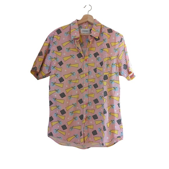 Eldon Men's Medium Geometric Print Button-Up Shirt - Pink Striped 80s Retro - Picture 1 of 4